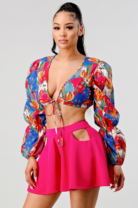 Athina crop printed top and cutout pants set